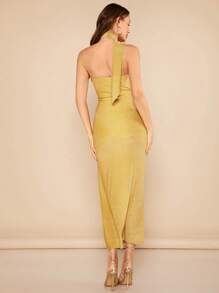 SHEIN BAE Đầm Lộ Lưng Xù Tách cao màu trơn Buổi tiệc - Màu vàng - Xem 6