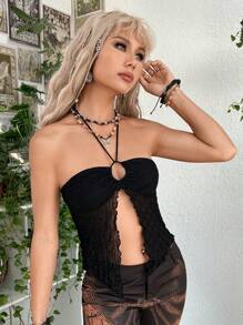 ROMWE PUNK Lettuce Trim Split Hem Halter Top - Black - View 4