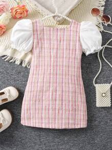 SHEIN 年輕女孩格紋印花泡泡袖連衣裙