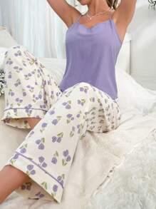 Conjunto de pijama con top de tirantes y pantalón con estampado floral - Multicolor - Ver 1