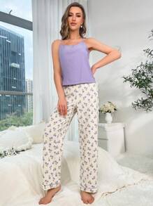 Conjunto de pijama con top de tirantes y pantalón con estampado floral - Multicolor - Ver 3