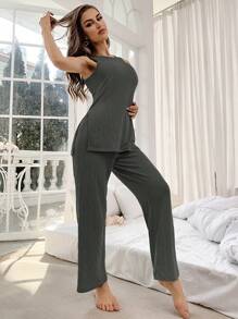 Solid Tank Top & Wide Leg Trousers Lounge Set - Dark Grey - View 5