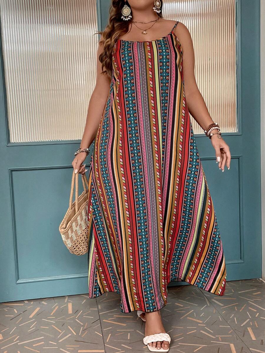 Breezaya 大碼幾何印花吊帶連衣裙 - 彩色 - 查看 1