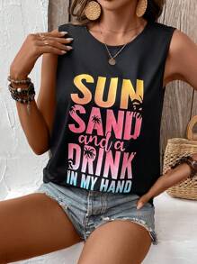 SHEIN LUNE 标语图案背心 阳光沙滩 手里拿着一杯饮料 - 黑色 - 查看 5