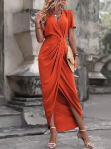 SHEIN Clasi Chất rắn Xù Váy Wrap Hem - trái cam - Xem 1