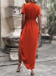 SHEIN Clasi Chất rắn Xù Váy Wrap Hem - trái cam - Xem 2