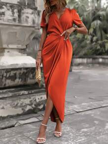 SHEIN Clasi Chất rắn Xù Váy Wrap Hem - trái cam - Xem 3