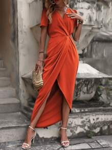 SHEIN Clasi Chất rắn Xù Váy Wrap Hem - trái cam - Xem 5