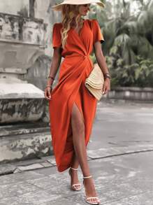 SHEIN Clasi Chất rắn Xù Váy Wrap Hem - trái cam - Xem 6