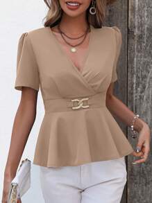 SHEIN Clasi Chất rắn Surplice cổ Áo sơ mi Peplum - Màu Khaki - Xem 1