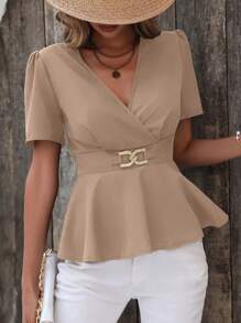 SHEIN Clasi Chất rắn Surplice cổ Áo sơ mi Peplum - Màu Khaki - Xem 3