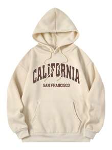 SHEIN EZwear Letter Graphic Kangaroo Pocket Drawstring Thermal Lined Hoodie - Apricot - View 1