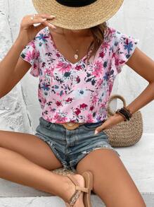 SHEIN Frenchy Áo sơ mi nữ Tương phản ren Buộc lại Xù Hoa Tất cả trên in Boho - Nhiều màu - Xem 2