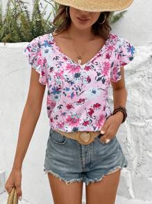 SHEIN Frenchy Áo sơ mi nữ Tương phản ren Buộc lại Xù Hoa Tất cả trên in Boho - Nhiều màu - Xem 3