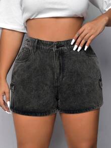SHEIN EZwear Quần short denim oversized Túi Dây kéo Nút màu trơn - Xám - Xem 5