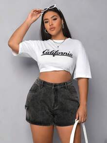 SHEIN EZwear Quần short denim oversized Túi Dây kéo Nút màu trơn - Xám - Xem 4