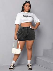SHEIN EZwear Quần short denim oversized Túi Dây kéo Nút màu trơn - Xám - Xem 6
