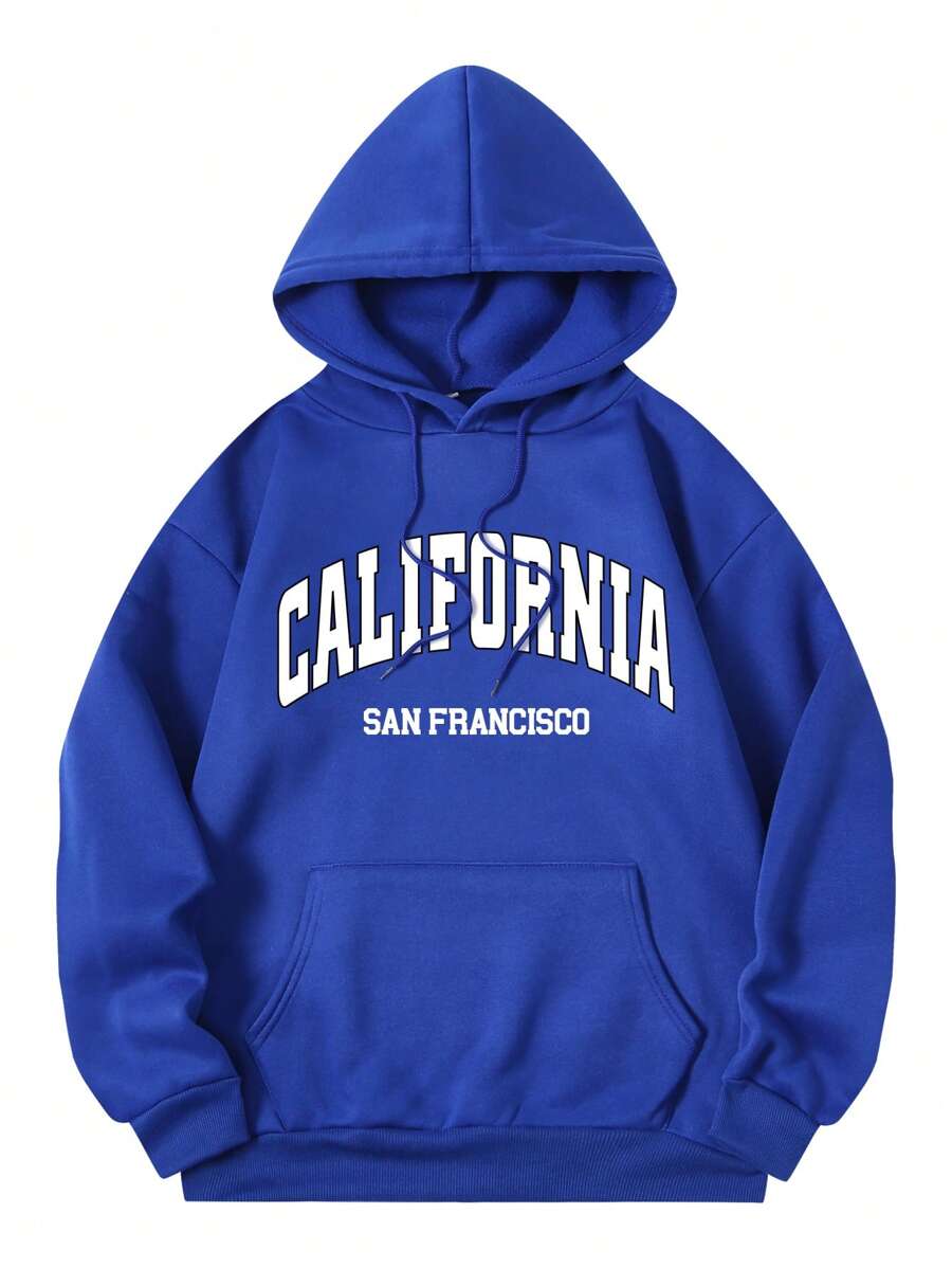 SHEIN EZwear 字母圖案袋鼠口袋抽繩保暖連帽衫 - 藍色 - 查看 1