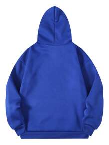 SHEIN EZwear 字母圖案袋鼠口袋抽繩保暖連帽衫 - 藍色 - 查看 2