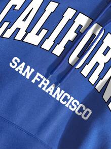 SHEIN EZwear 字母圖案袋鼠口袋抽繩保暖連帽衫 - 藍色 - 查看 3