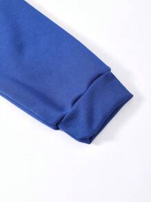 SHEIN EZwear 字母圖案袋鼠口袋抽繩保暖連帽衫 - 藍色 - 查看 5