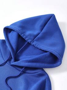 SHEIN EZwear 字母圖案袋鼠口袋抽繩保暖連帽衫 - 藍色 - 查看 8