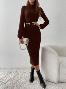 SHEIN Frenchy 高領燈籠袖緊身連衣裙不附腰帶 - 巧克力棕 - 查看 1