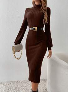 SHEIN Frenchy 高領燈籠袖緊身連衣裙不附腰帶 - 巧克力棕 - 查看 3