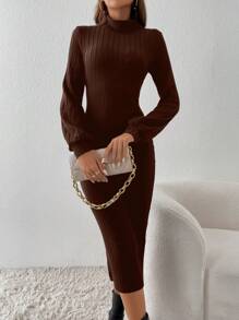 SHEIN Frenchy 高領燈籠袖緊身連衣裙不附腰帶 - 巧克力棕 - 查看 4
