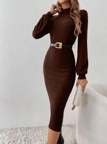 SHEIN Frenchy 高領燈籠袖緊身連衣裙不附腰帶 - 巧克力棕 - 查看 5