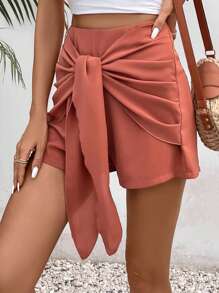 SHEIN Frenchy 素色前打結短褲 - 紅木色 - 查看 5