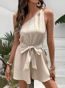 SHEIN Frenchy One Shoulder Belted Romper Summer Casual - Apricot - View 4