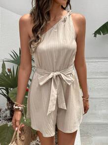 SHEIN Frenchy One Shoulder Belted Romper Summer Casual - Apricot - View 3