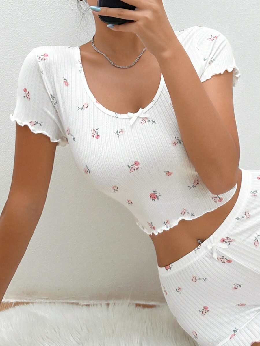 Floral Print Lettuce Trim Bow Front Sleep Top - White - View 1