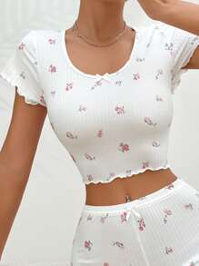 Floral Print Lettuce Trim Bow Front Sleep Top - White - View 3