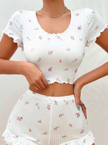 Floral Print Lettuce Trim Bow Front Sleep Top - White - View 4