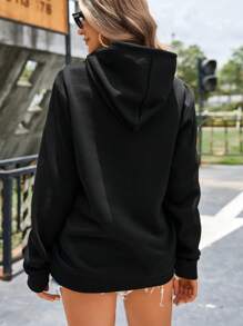 SHEIN LUNE 貓印花袋鼠口袋抽繩連帽衫 - 黑色 - 查看 2