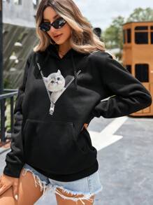 SHEIN LUNE 貓印花袋鼠口袋抽繩連帽衫 - 黑色 - 查看 3