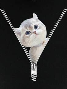 SHEIN LUNE 貓印花袋鼠口袋抽繩連帽衫 - 黑色 - 查看 4