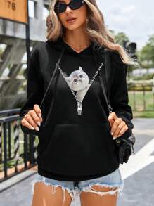 SHEIN LUNE 貓印花袋鼠口袋抽繩連帽衫 - 黑色 - 查看 5