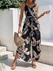 SHEIN Frenchy 熱帶圖案腰帶吊帶連體褲 - 黑色 - 查看 1
