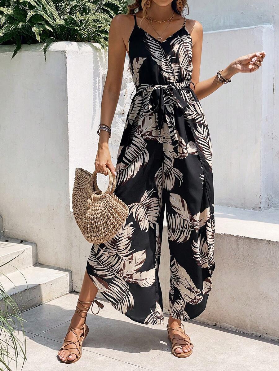 SHEIN Frenchy 熱帶圖案腰帶吊帶連體褲 - 黑色 - 查看 1