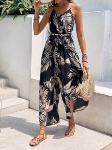 SHEIN Frenchy 熱帶圖案腰帶吊帶連體褲 - 黑色 - 查看 4