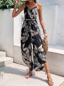 SHEIN Frenchy 熱帶圖案腰帶吊帶連體褲 - 黑色 - 查看 5