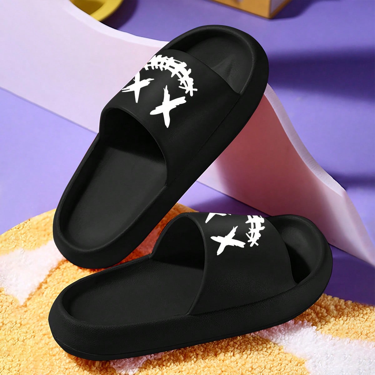 Sandalias de mujer con estampado gráfico de una sola banda, sandalias EVA frescas para exteriores, atuendos de playa, pantuflas de mujer