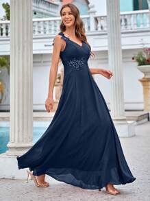 UNITHORSE Vestido de dama de honor sin mangas con decoración floral de lentejuelas, vestido elegante - Azul Marino - Ver 5