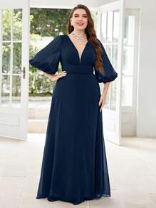 UNITHORSE 大碼燈籠袖深V領雪紡伴娘連衣裙