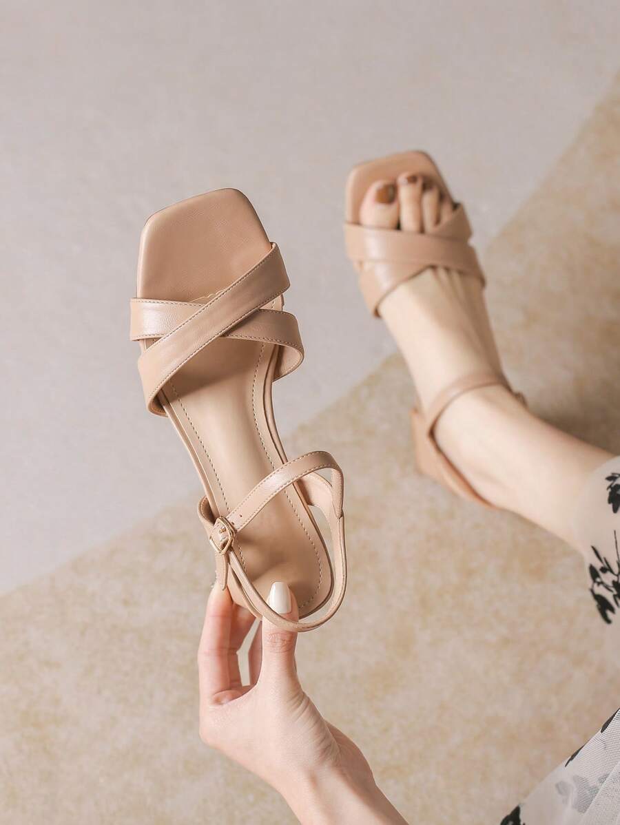 女士交叉粗跟涼鞋,優雅夏天踝帶平底涼鞋 - 卡其色 - 查看 1