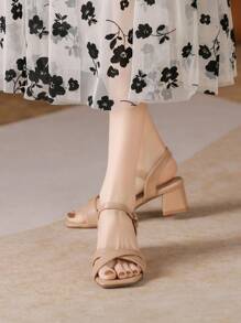 女士交叉粗跟涼鞋,優雅夏天踝帶平底涼鞋 - 卡其色 - 查看 2