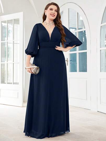 UNITHORSE 大碼燈籠袖深V領雪紡伴娘連衣裙